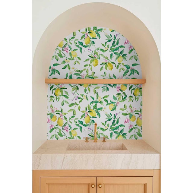 Limoncello Floral & Lemon Grasscloth Wallpaper by House Party | White Blossom | 6 Yards For Sale - Image 4 of 7