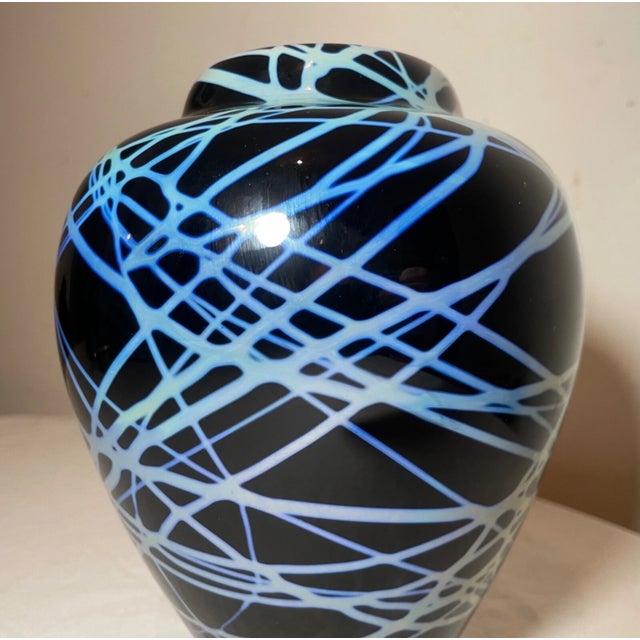 1980s Large Vintage Hand Blown Signed Colin Stone 1985 Iridescent Opal Web Glass Vase For Sale - Image 5 of 10
