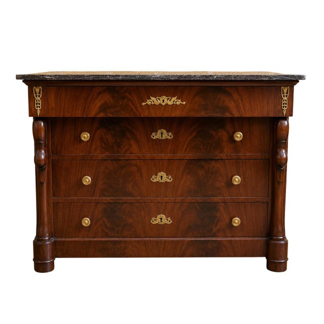 Brown Empire Style Commode with Swan-Neck Handles in Flamed Mahogany and Black Marble, 1920s For Sale - Image 8 of 8