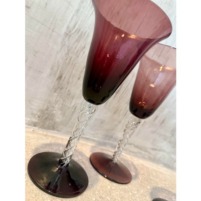 Glass Rare Vintage Mid-Century Bill Blenko Designed Art Glass Air Twist Amethyst Water Goblets/Wine Glasses- Set of 8 For Sale - Image 7 of 12