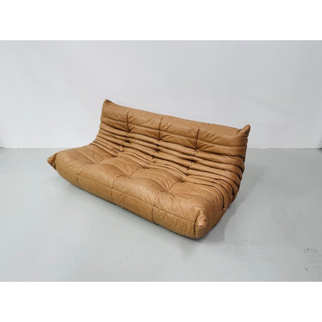 French 3-Seater Togo Sofa in Camel Leather attributed to Michel Ducaroy for Ligne Roset For Sale - Image 9 of 14