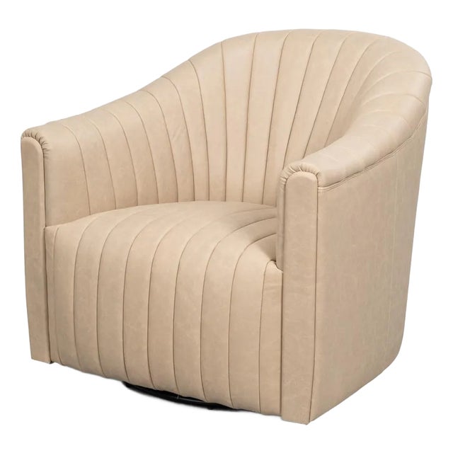 Ivory Leather Channel Tufted Swivel Chair For Sale