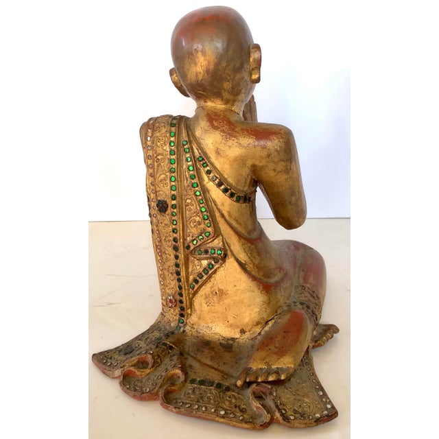 Gold Thai Giltwood Hand Carved Pair of Mandalay Praying and Listening Monks For Sale - Image 8 of 12