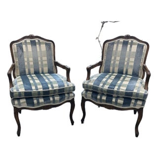 Vintage Pair of Ethan Allen Classic French Open Arm Chairs in Striped Blue Velvet For Sale