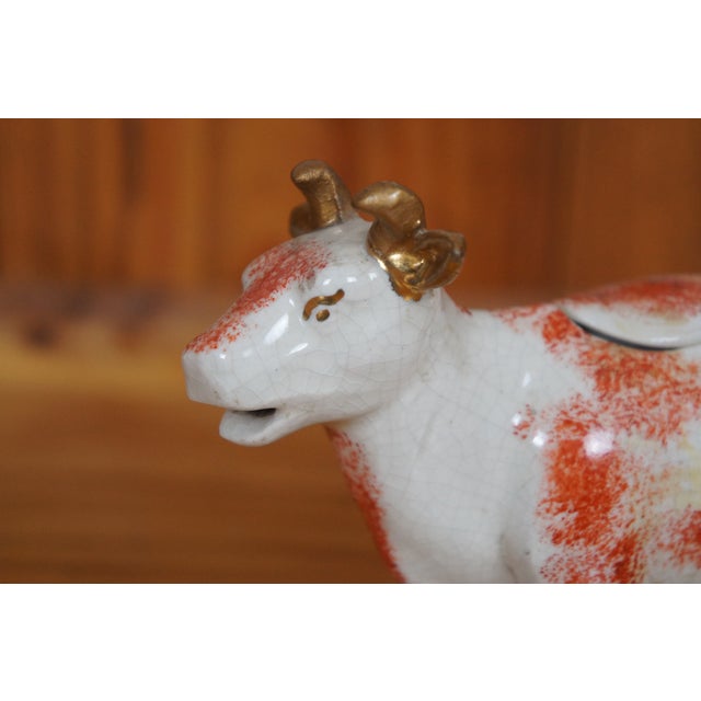 Antique English Staffordshire Porcelain Red & White Cow Bull Creamer Pitcher For Sale - Image 9 of 11