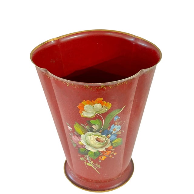 Charming vintage French Provincial tole umbrella stand featuring a rich oxblood red finish with beautifully hand-painted...