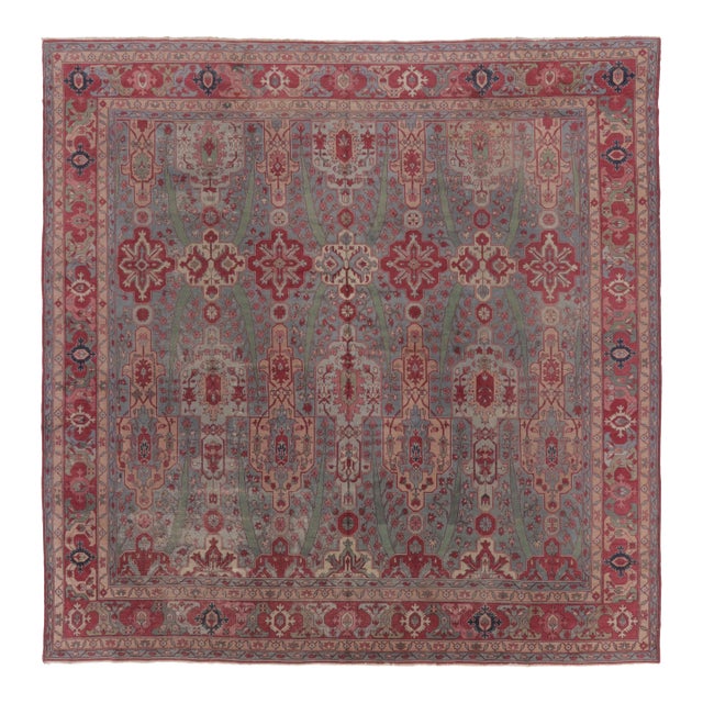 Antique Ghiordes Square Rug With Floral Lattice in Multicolour - Rug & Kilim For Sale