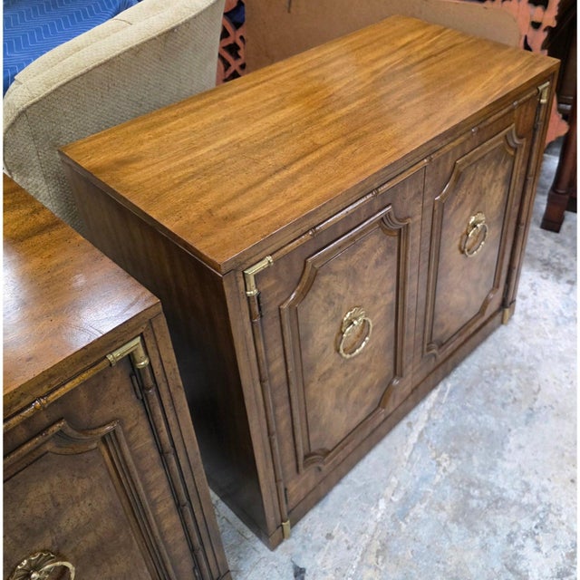 Mid-Century Modern Pair of Mid 20th Century Weiman Faux Bamboo 2-Door (Burl Front) Server Cabinets For Sale - Image 3 of 10