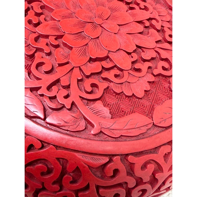 Chinoiserie Antique Chinese 6” Carved Peony Cinnabar & Brass Lacquer Box in Mint Condition For Sale - Image 3 of 7