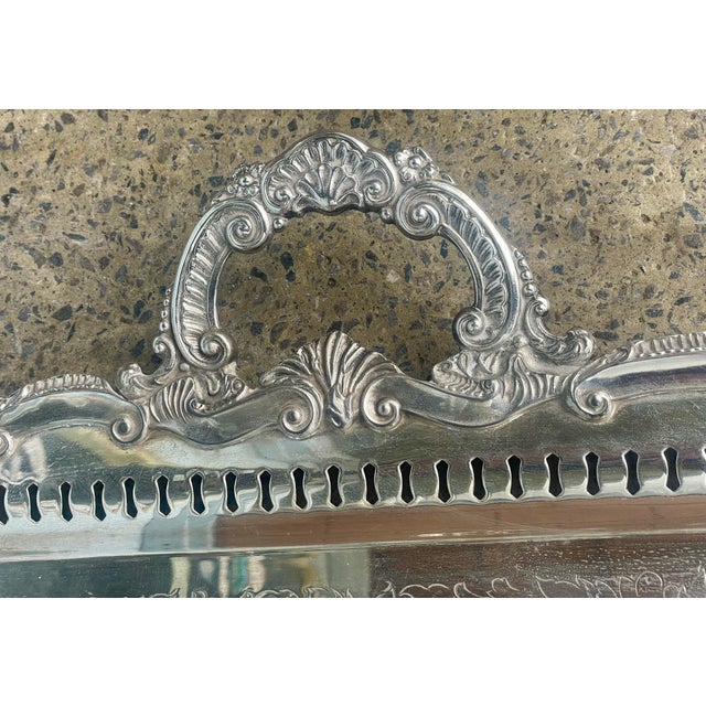 Mid 20th Century Birmingham Large Footed Silver Plate Serving Tray Etched Reticulated Raised Edge For Sale - Image 6 of 12