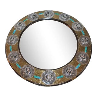 Mid-Century Modern Folk Art Sterling Silver and Brass on Wood Mirror For Sale