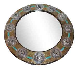 Mid-Century Modern Folk Art Sterling Silver and Brass on Wood Mirror