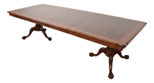 Thomasville Chippendale Banded Flame Mahogany Double Pedestal Extension Dining Table, Newly Refinished