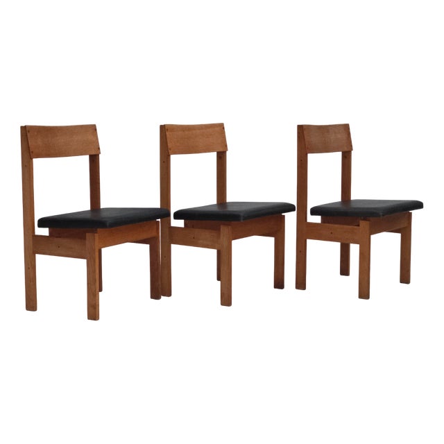 Vintage Danish Church Chairs in Leather and Oak, 1960s, Set of 3 For Sale