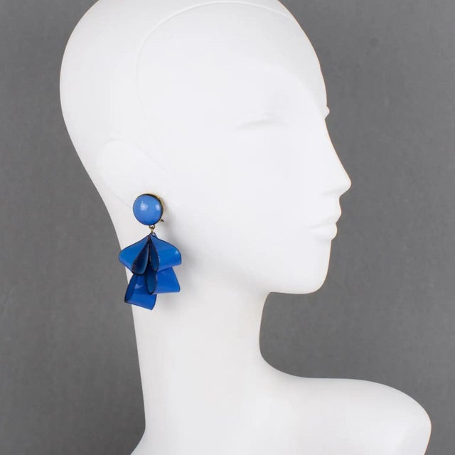 Cilea Paris Dangle Resin Clip Earrings Cobalt Blue Ribbons For Sale - Image 9 of 9
