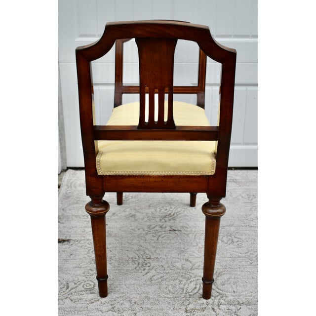 Antique Regency Walnut Vanity Bench Double Arm Inlaid Wood Gold Stripe 1910s For Sale - Image 12 of 13