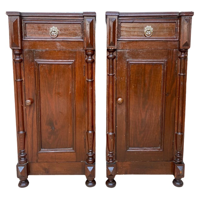 Brown Antique Louis XVI Nightstands with White Marble Tops, 1890s, Set of 2 For Sale - Image 8 of 18