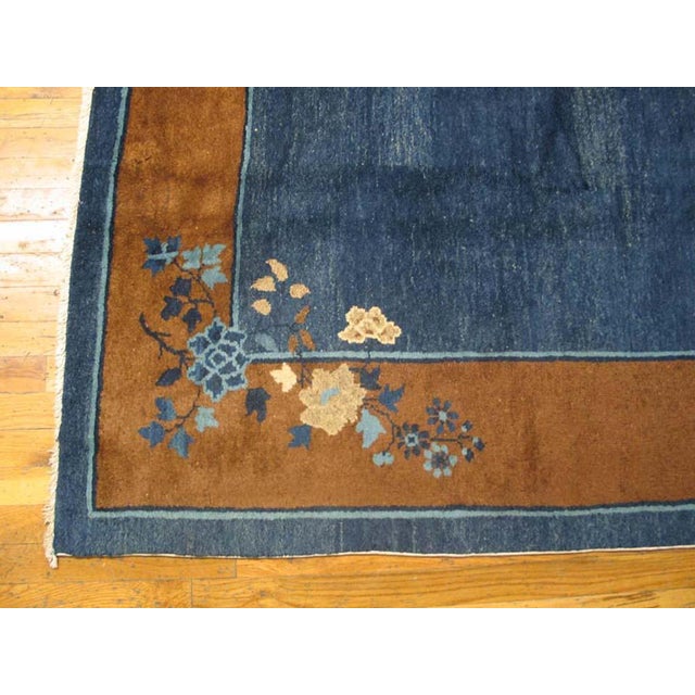 1900s Navy Blue Floral Antique Chinese Peking Rug 8'3" X 9'9" Handknotted Wool Carpet For Sale In New York - Image 6 of 6