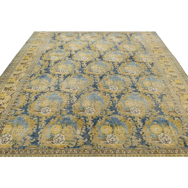 Antique Mahal Rug With Muted Ochre and Indigo Blue Floral Medallions For Sale - Image 9 of 12