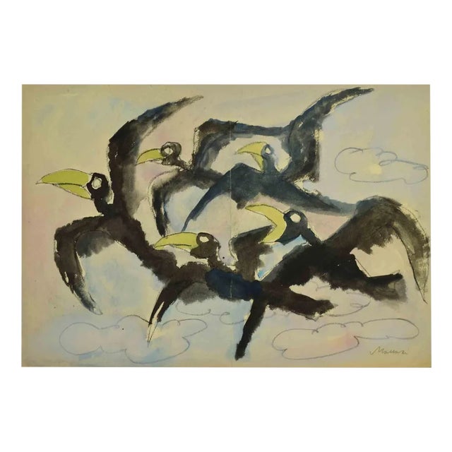 Mino Maccari, Birds, Mixed Media Drawing, Mid 20th Century For Sale