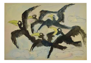Mino Maccari, Birds, Mixed Media Drawing, Mid 20th Century