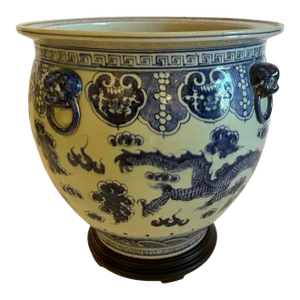 Antique Blue & White Chinese Planter on Wooden Stand
