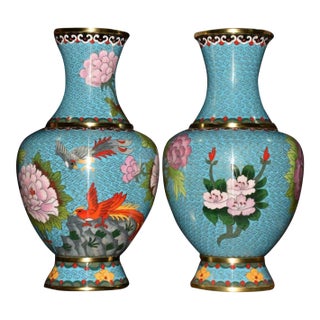 Pair of Vintage Chinese Cloisonné Peony & Phoenix Vases - 38cm Tall For Sale