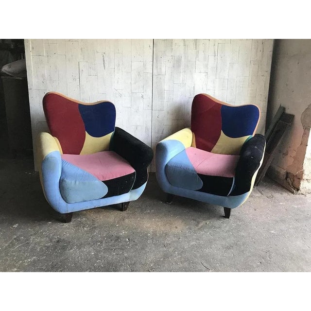 Textile Set of Mid-Century Armchairs in Multicoloured Fabric with Black Painted Legs For Sale - Image 7 of 8