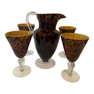 Vintage Handcrafted Art Heavy Glass Murano Style Leopard Pitcher With 4 Goblets For Sale