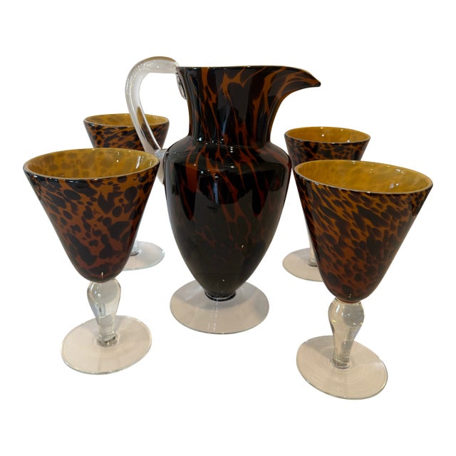 Vintage Handcrafted Art Heavy Glass Murano Style Leopard Pitcher With 4 Goblets For Sale