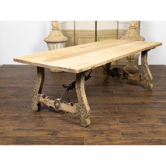 19th Century Italian 19th Century Bleached Oak Farm Table with Baroque Style Carved Base For Sale - Image 5 of 12
