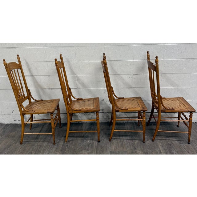 Vintage Spindle Back Caned Seat Solid Oak Dining Chairs For Sale - Image 11 of 12