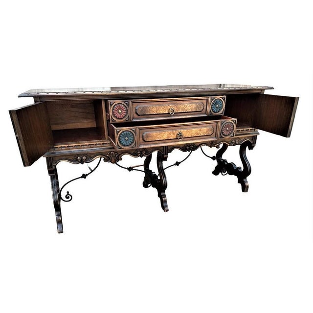 1910s Antique Berkey & Gay Grand Rapids 72” ‘Span-Umbrian' Walnut, Burlwood and Polychrome Credenza or Buffet - Circa 1917 For Sale - Image 5 of 12