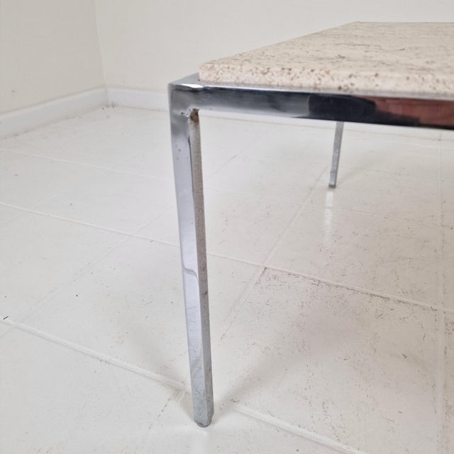 Italian Square Travertine Coffee Table with Steel Base, 1980s For Sale - Image 9 of 13
