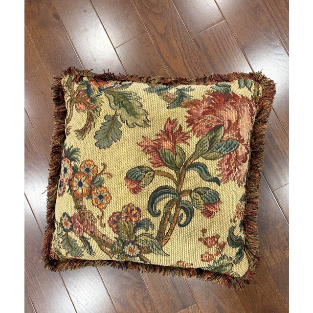 English Vintage Aubusson Style Floral Tapestry Throw Pillows With Fringe Trim - Pair For Sale - Image 3 of 11