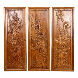Carved Wooden Panels with Floral and Animal Decorations, Indochina / Vietnam, Early 20th Century, Set of 3 For Sale