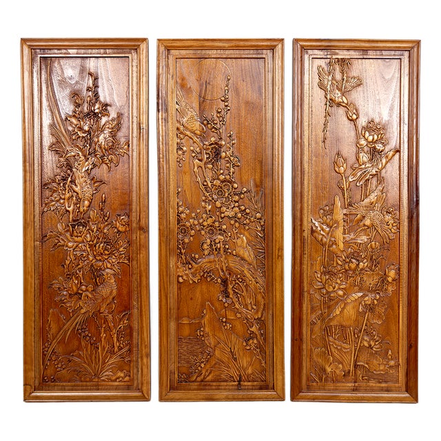 Carved Wooden Panels with Floral and Animal Decorations, Indochina / Vietnam, Early 20th Century, Set of 3 For Sale