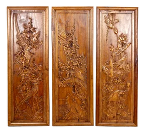 Carved Wooden Panels with Floral and Animal Decorations, Indochina / Vietnam, Early 20th Century, Set of 3