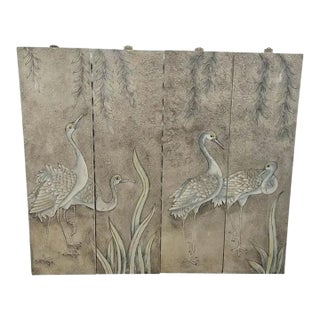 Vintage Muted Metallic Silver 4 Panel Crane and Willow Decorative Wall Art Decor Set 4 For Sale