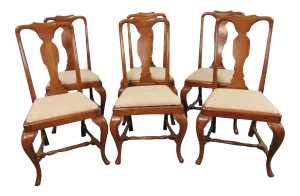English Queen Anne Style Cherry Dining Chairs - Set of 6