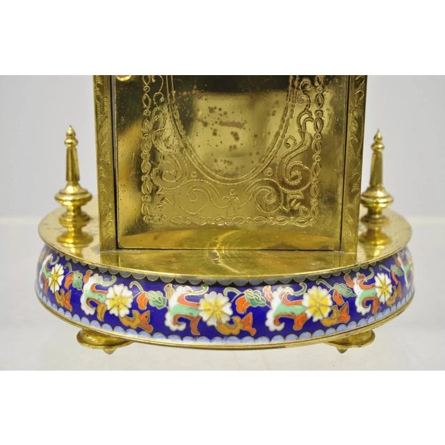 Blue Vintage Chinese Cloisonne Brass Figural Porcelain Enamel Mantel Clock For Sale - Image 8 of 12