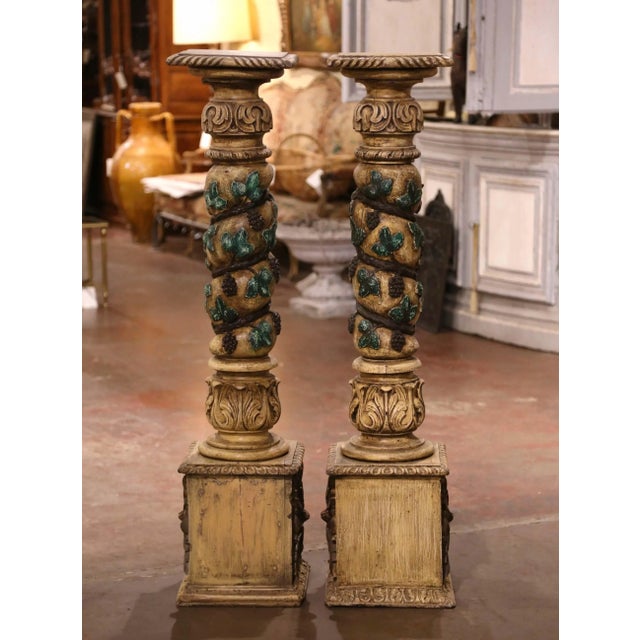 Pair of 18th Century French Carved Polychrome Pedestals With Birds & Grapevines For Sale - Image 11 of 12
