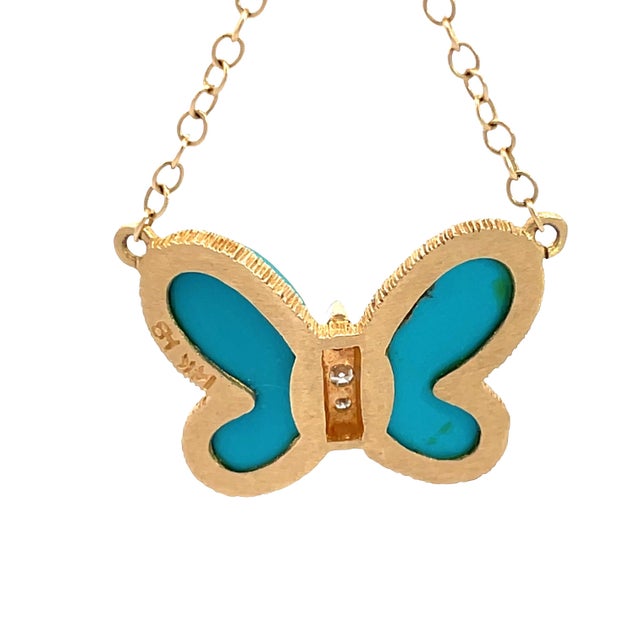 Early 21st Century 14k Yellow Gold Turquoise & Diamond Butterfly Necklace For Sale - Image 5 of 10