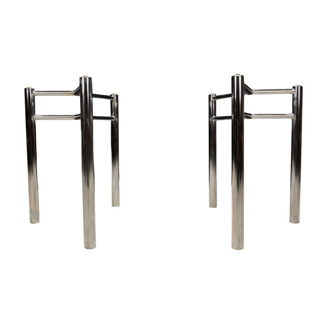 Modernist Chrome Glass Dining Table Bases, Set of 2 – Architectural 1970s Style For Sale - Image 4 of 16