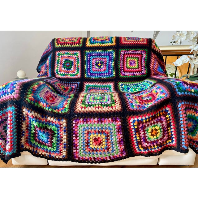 1970s Black Granny Square Cottagecore Rainbow Afghan For Sale - Image 5 of 12