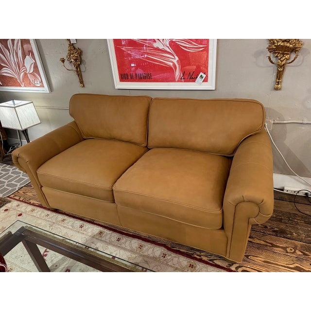 Like new stunning Restoration Hardware Lancaster camel Cavalino luxe leather sofa having down fill, two seat cushions and...