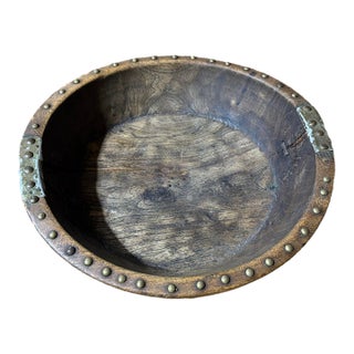 Antique Primitive Hand-Carved Wooden Bowl With Folk Art Wire Stitching and Brass Studded Rim For Sale