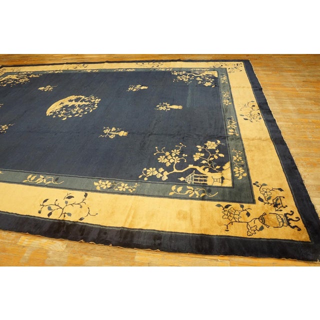 Abstract Special Aysimmetric Detail in a Chinoiserie Pattern a Navy Open Field Chinese Peking Rug For Sale - Image 3 of 11