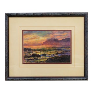 Mid 20th Century Framed Watercolor Seascape Sunset Twilight Coastal Signed Castillo For Sale