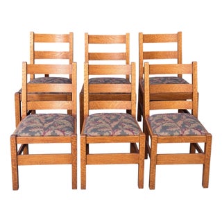 Stickley Style Mission Oak Ladder Back Dining Chairs Set 6 For Sale